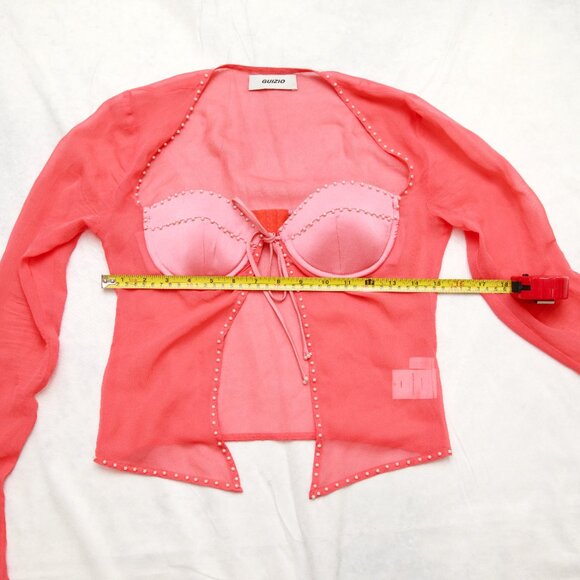 Danielle Guizio Long Sleeve Pearl Trim Top In Punch Silk Size XS - Picture 13 of 14